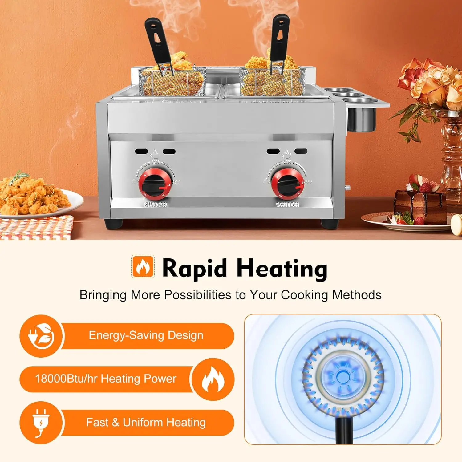 Commercial Gas Deep Fryer 12L Stainless Steel Dual Tank Gas Deep Fryer with 2 Baskets&Lid Countertop Fryer Frying Machine for Re