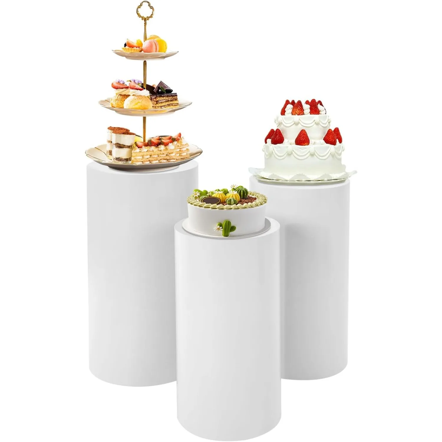 

3 Piece Cylinder Pedestal Stands, Metal Column Stands for Wedding Party Art Deco, White Round Display Column Dessert Table