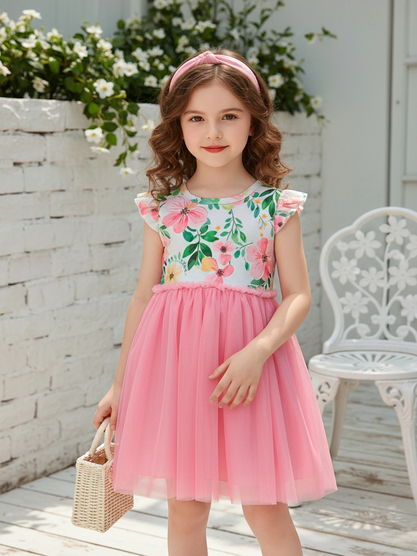 Summer Girls Dress Floral Print Ruffle Sleeve Mesh Tutu Princess Dresses Kids Birthday Party Outfits 1-8 Y Daily Casual Wear