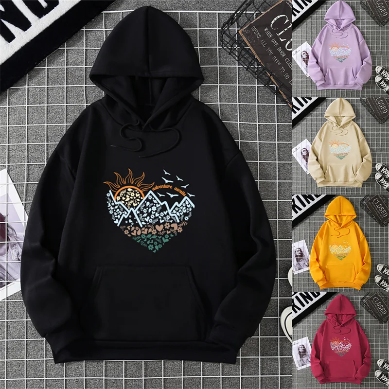 2025 Sudadera con capucha informal de manga larga para mujer con bolsillo canguro estampado de montaña y sol sudadera con cordón ropa de calle cómoda
