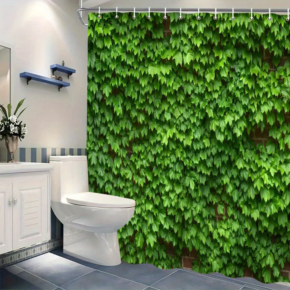 1pc 2D Flat Shower Curtain, Ivy Vine Green Leaves & Brick Wall Texture Printed Shower Curtain, Decor for Bathroom