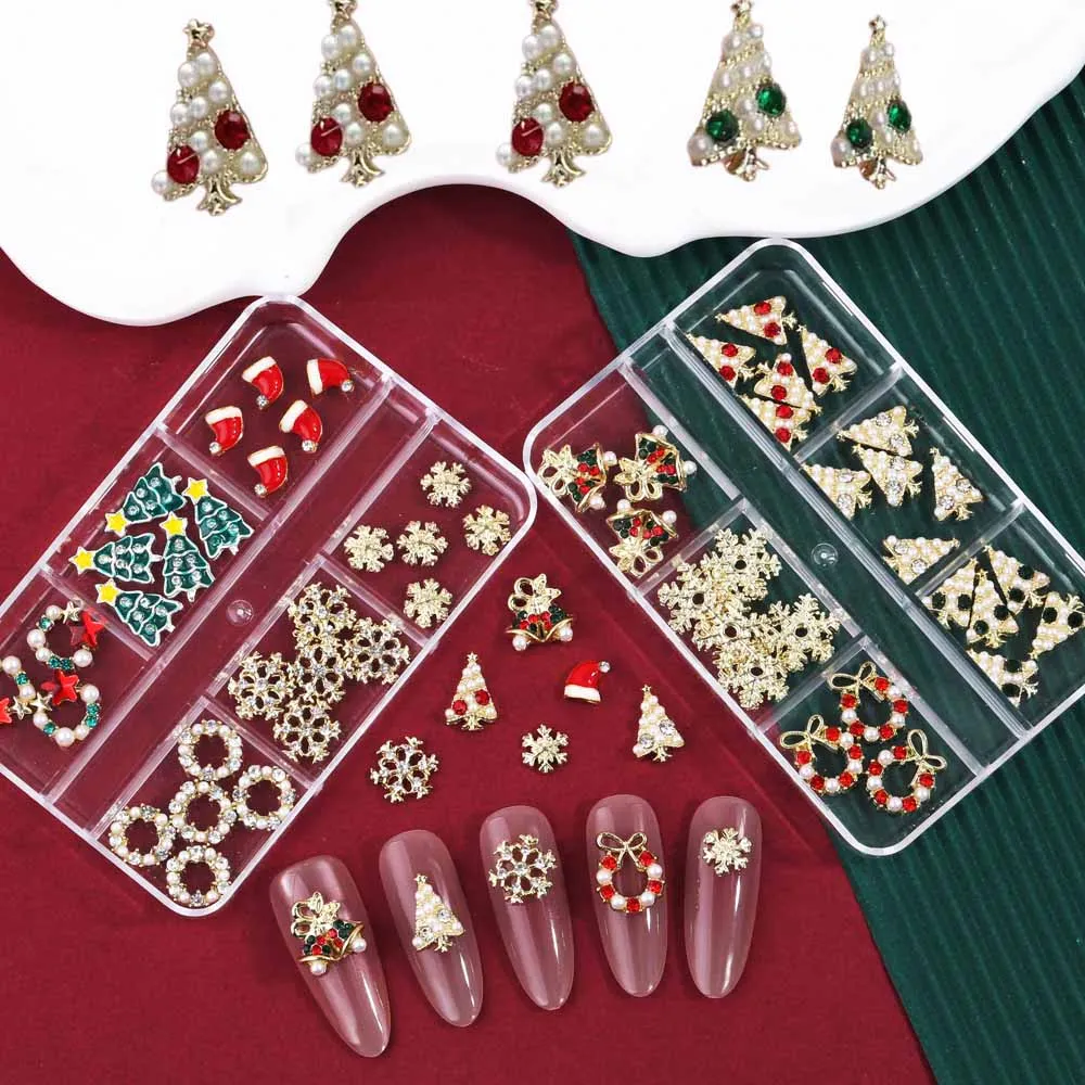 6Grid 3D Christmas Alloy Gold Snowflake Nail Charms 26/28pcs Christmas Tree/Wreath/Bell Gems Rhinestones Winter Holiday Nails