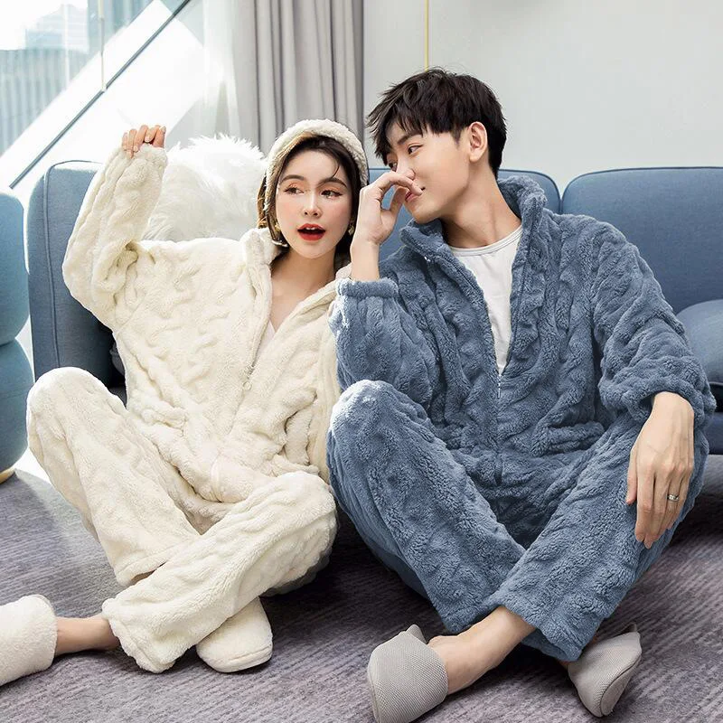 

Couple Sleepwear Autumn And Winter Thickened Zipper Home Wear Senior Sense Men Comfort Cotton New Coral Velvet Home Pyjamas Sets