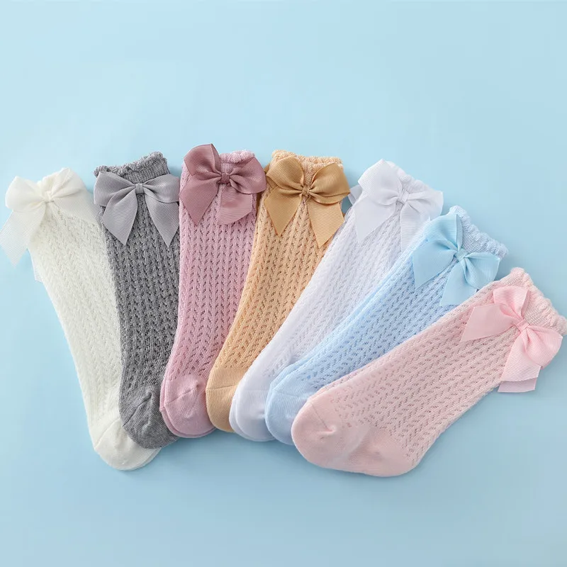 Lawadka 0-24Month Summer Baby Girl Socks Big Bows Soft Cotton Elastic Solid Mesh Newborn Socks Knee High Long Toddler Girl Sock