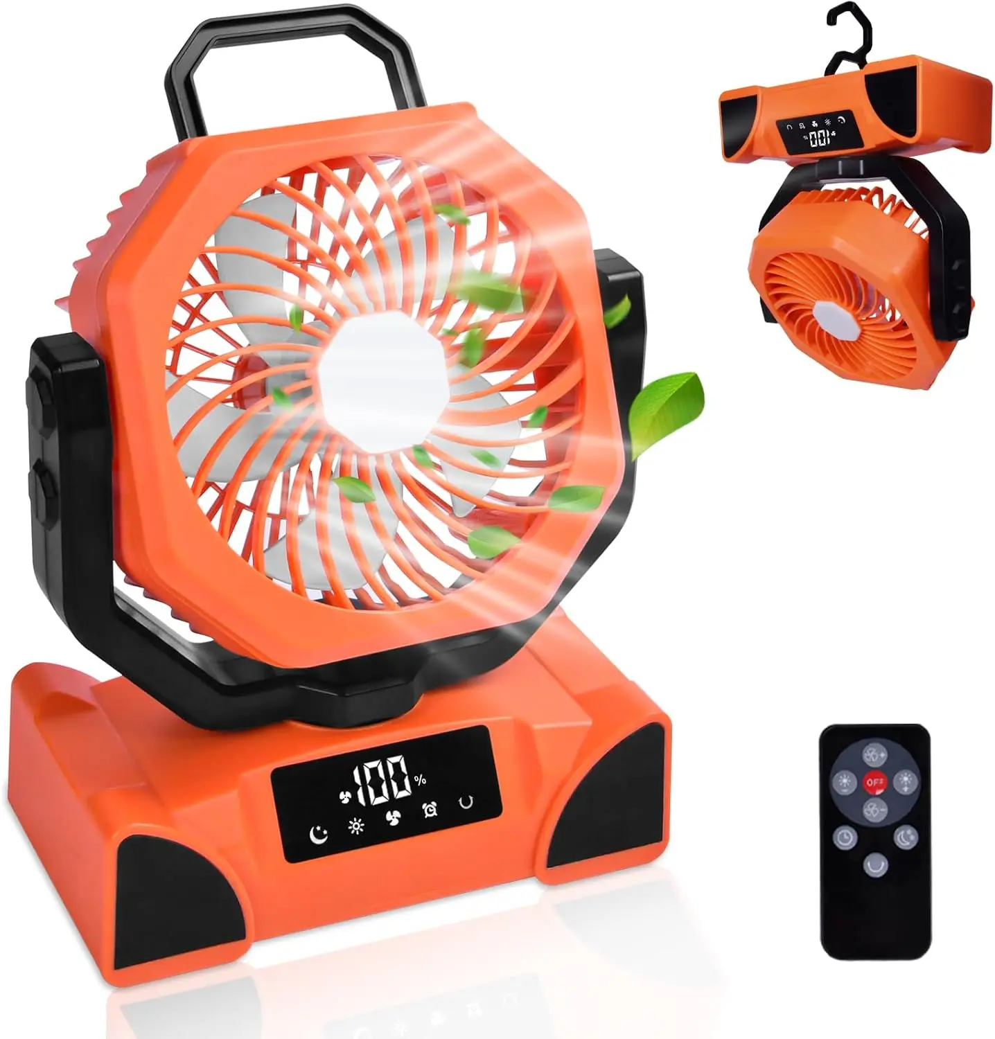 

Портативный вентилятор для кемпинга, удаленный перезаряжаемый вентилятор с батарейным питанием, несколько светодиодных цветов, режим синхронизации, осцилляция и подвеска