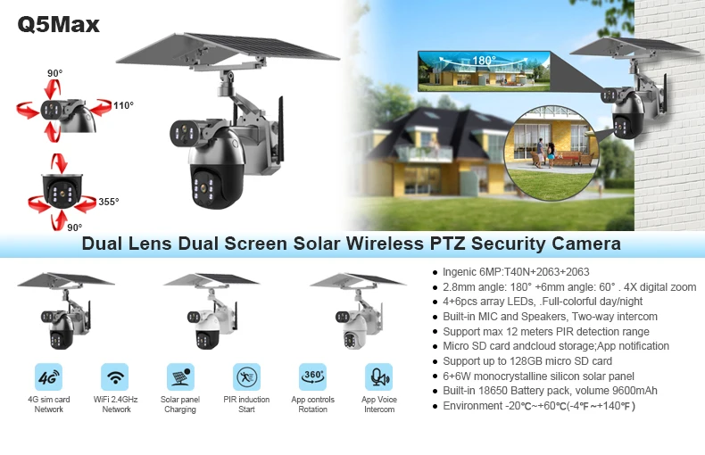 2.5Inch 6MP UHD Dual Lens Solar Power WIFI/4G PTZ IP Dome Camera Full Color AI Humanoid Detection Security CCTV Baby Monitor