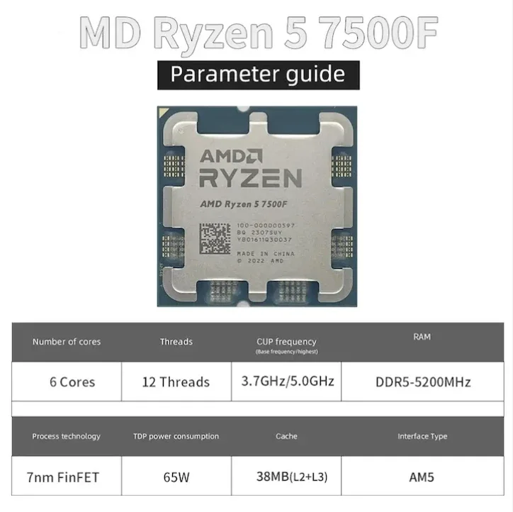 Nowe procesory R5 7500F dla AMD Ry zen 5 7500F 3,7 GHz 6-rdzeniowy 12-wątkowy procesor 5 NM L3 = 32 M 100- 000000597   Gniazdo AM5