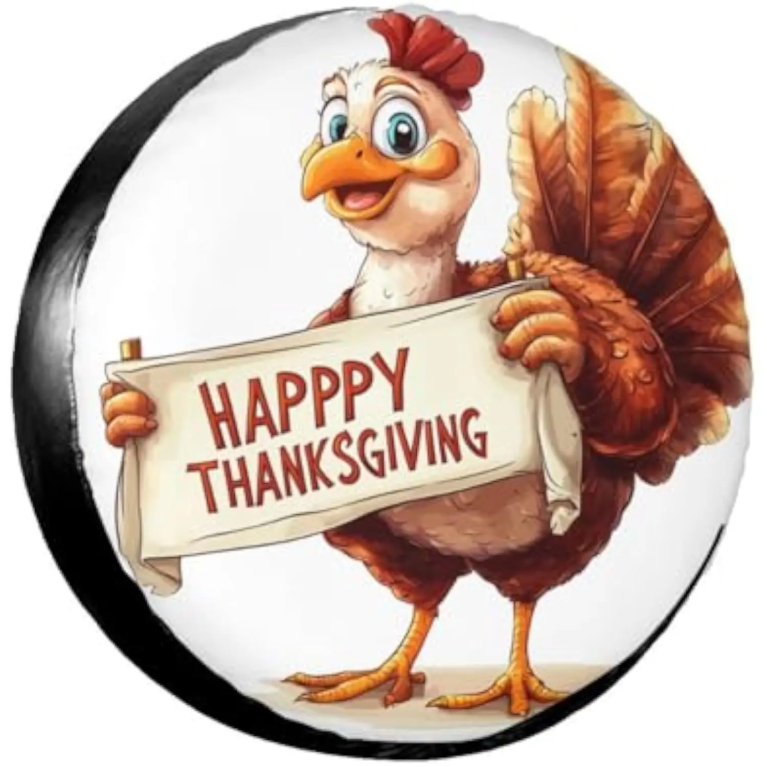 

Funny Cartoon Turkey Holding Happy Thanksgiving Banner Spare Tire Cover for SUV RV Truck Waterproof Wheel Cover