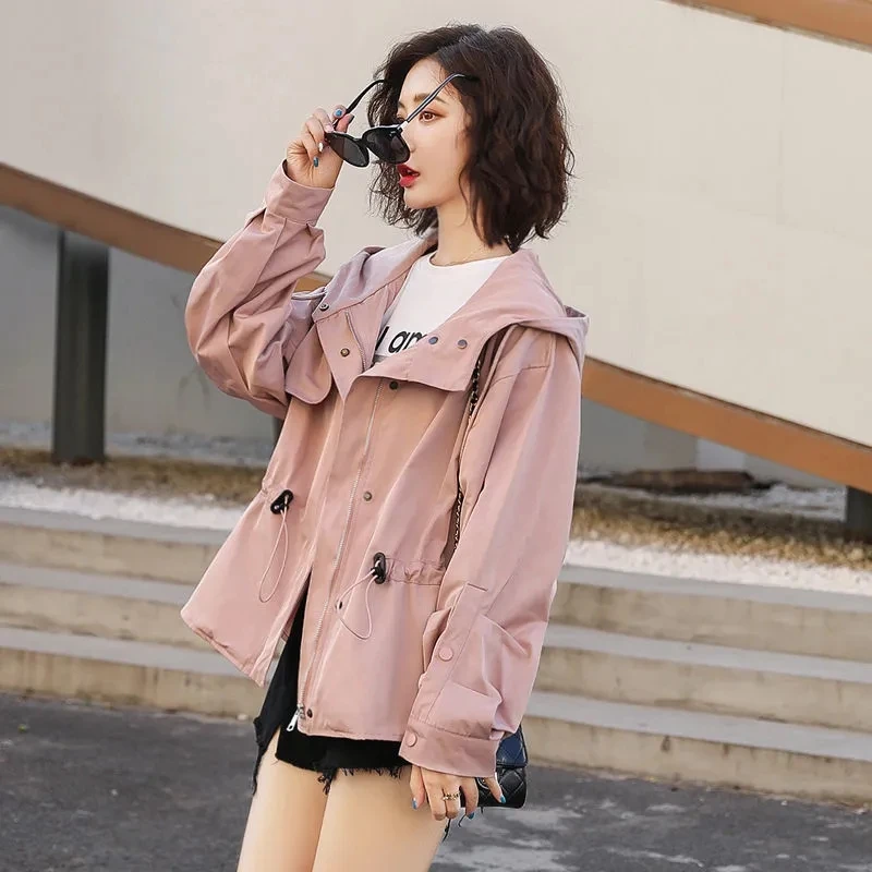 Hooded Coat Women's Spring and Autumn 2023 New Korean Loose Fashion  Trench Coat Versatile Temperament Short Windbreaker Pink