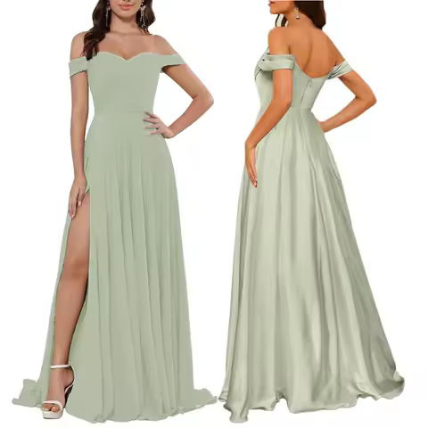 A-line Satin Bridesmaid Dress With Slit Off the Shoulder Open Back Prom Dress Floor Length Customized Wedding Party Evening Gown