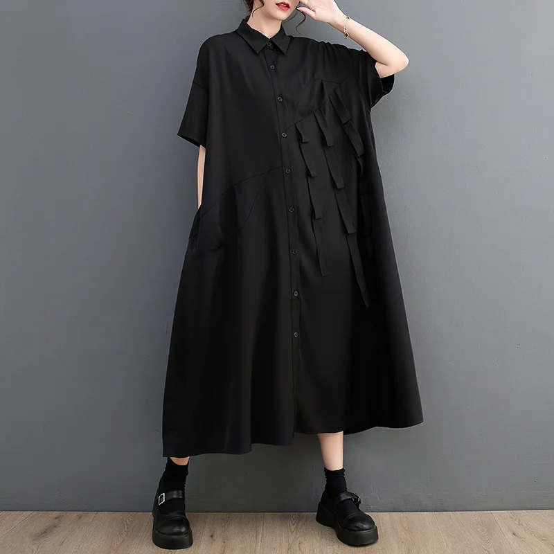 #0171 Black Green Long Shirt Dress Women Ribbons Loose Midi Dress Female Short Sleeve Loose Irregular Front Button Shirt Dress