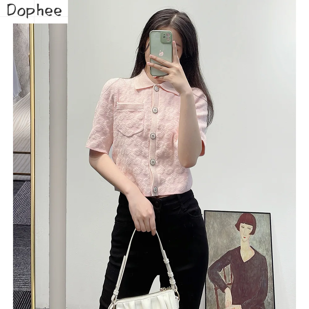 

High Quality New Spring Summer Women Sweater Top Elegant Turn-down Collar Single-breasted Short Pink Cardigans Coat Half Sleeve
