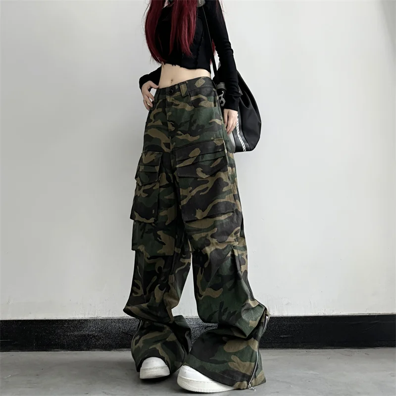 Women Green Cargo Pants Streetwear High Waist Wide Leg Pants Y2K Style Vintage Female 2024 Camouflage Autumn Straight Trousers