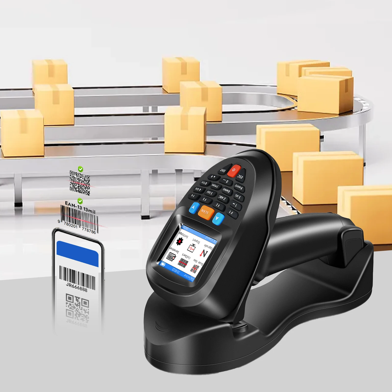 

RF8000-2D QR Charging Dock On-Screen Display PDA CMOS PDA Industrial Warehouse Wireless Barcode Scanner