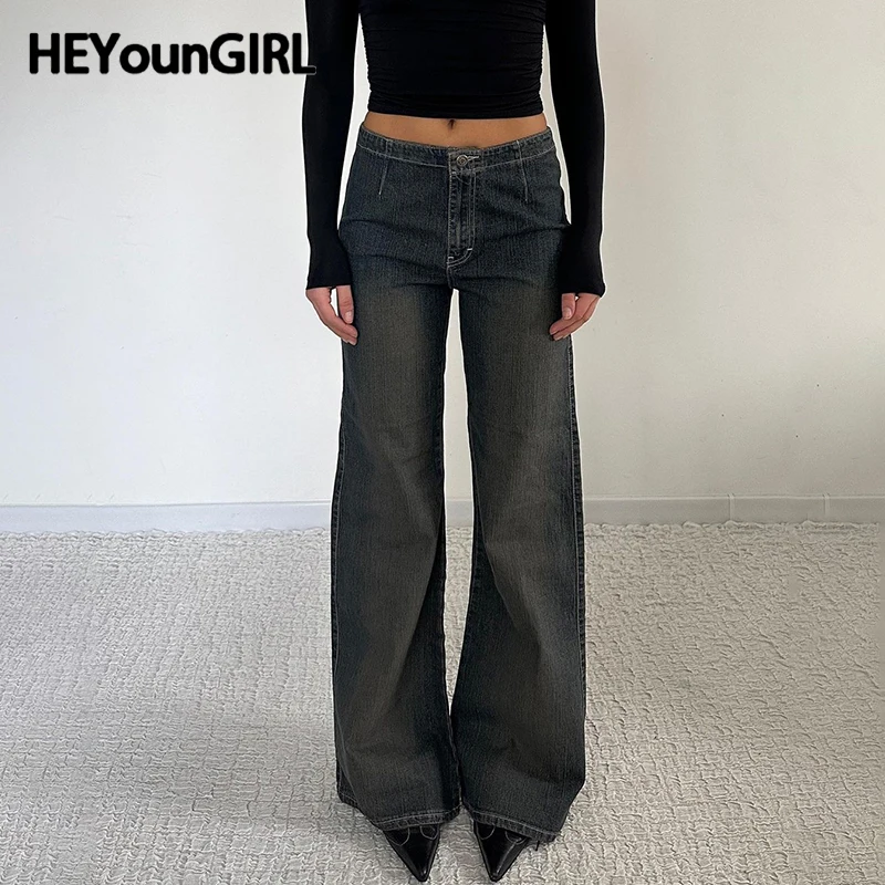 HEYounGIRL American Retro Baggy Jeans Women Fall High Street Casual Denim Pants Y2K Fashion Mid-rise Straight Trousers Outfits