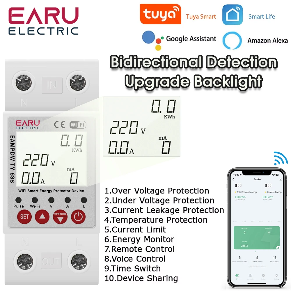 63A Tuya Smart WiFi Circuit Breaker Switch BI-Direction Measuring Earth Leakage Over Under Voltage Protector Energy Power Meter