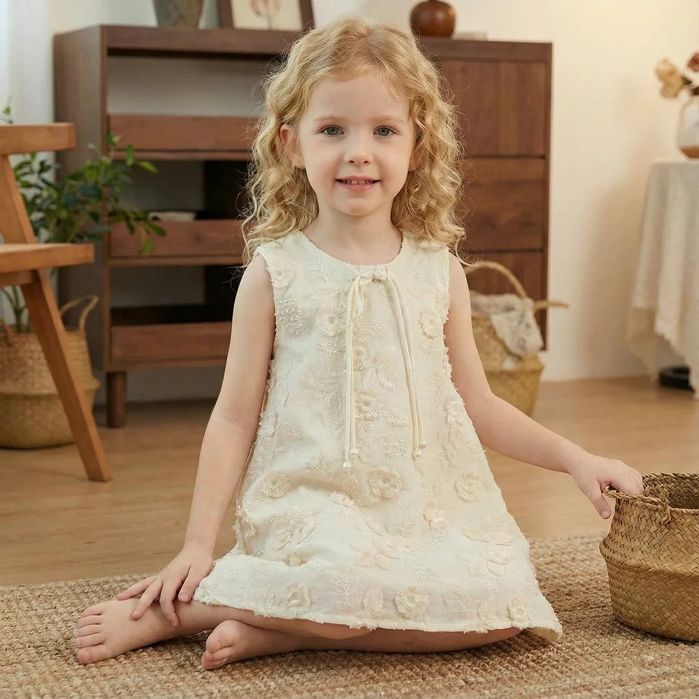 New Chinese Children's Clothing 2026 New Girls' Dress Summer Children's Bow Heavy Industry Embroidery Princess Dress