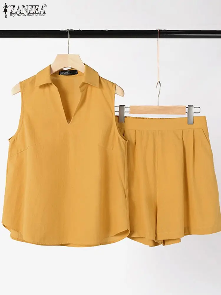 ZANZEA Summer Solid Matching Sets Women Shorts Suits 2PCS Fashion Sleeveless Blouse OL Short Sets Elegant Work Tracksuits 2024