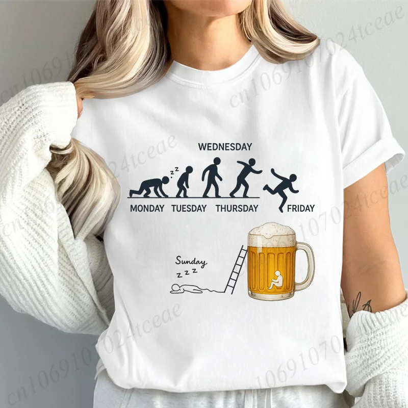 Funny Beer Evolution T-Shirt Workweek Drinking Humor Tee Print T-shirt Short Sleeve Casual Top for Summer Spring Women Clothing