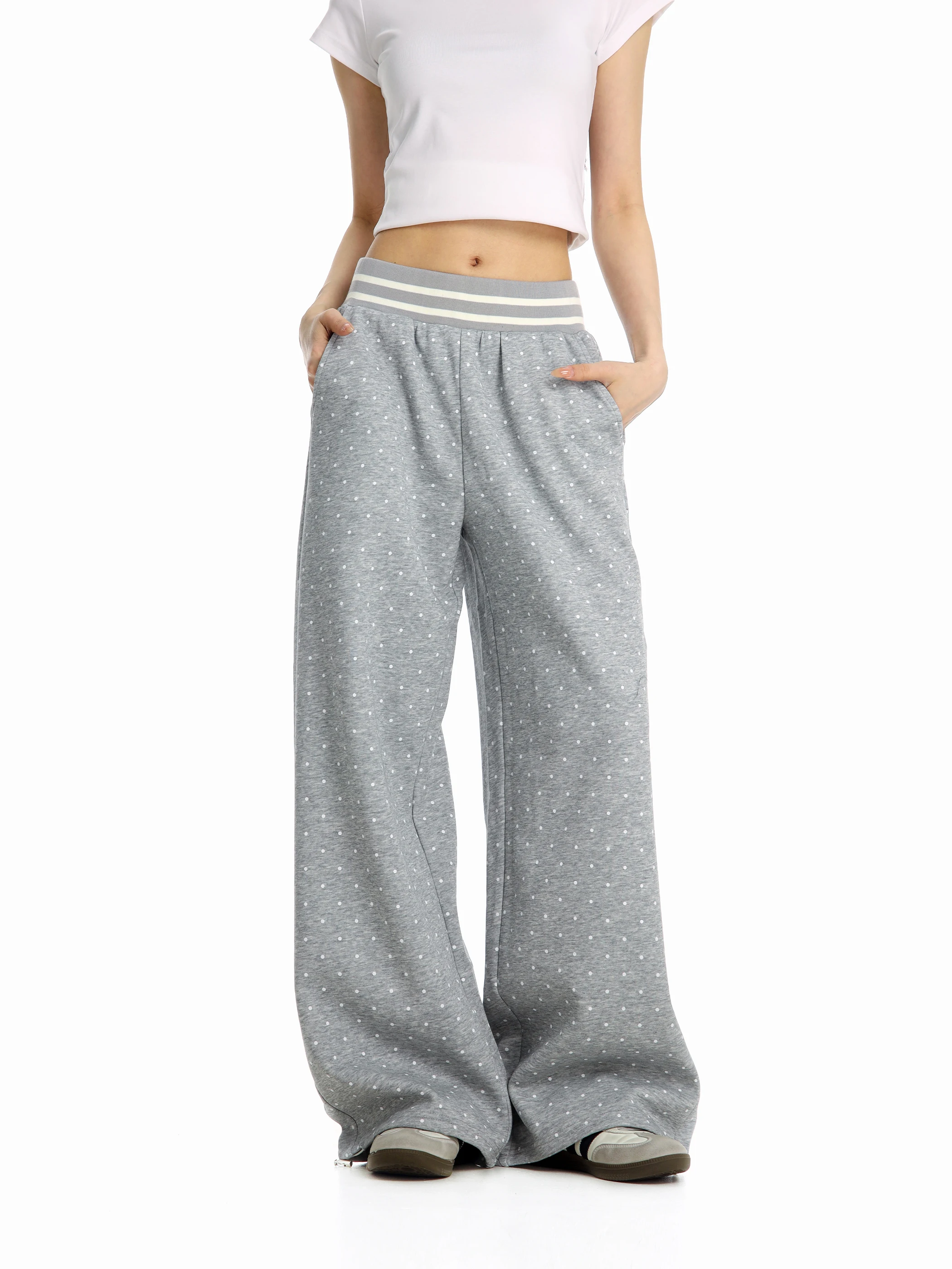 

Женские повседневные брюки Lazy Korean Sle Dot Print, прямые, свободного кроя, весна 2026, из смесового хлопка и полиэстера, с эластичным поясом