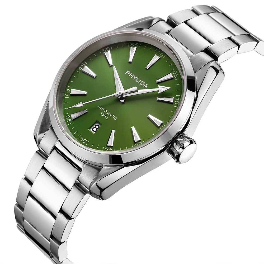 PHYLIDA 40mm New Green Dial Aqua 150m Automatic Watch Sapphire Crystal TMI NH3 Wristwatch 100WR Watches for Men