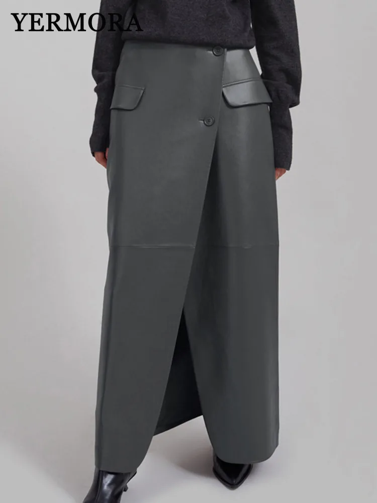 

YERMORA High Waist Gray Pu Leather Irregular Slit Half Body Skirt For Women Loose Fashion Tide Spring Autumn 2025 New A532
