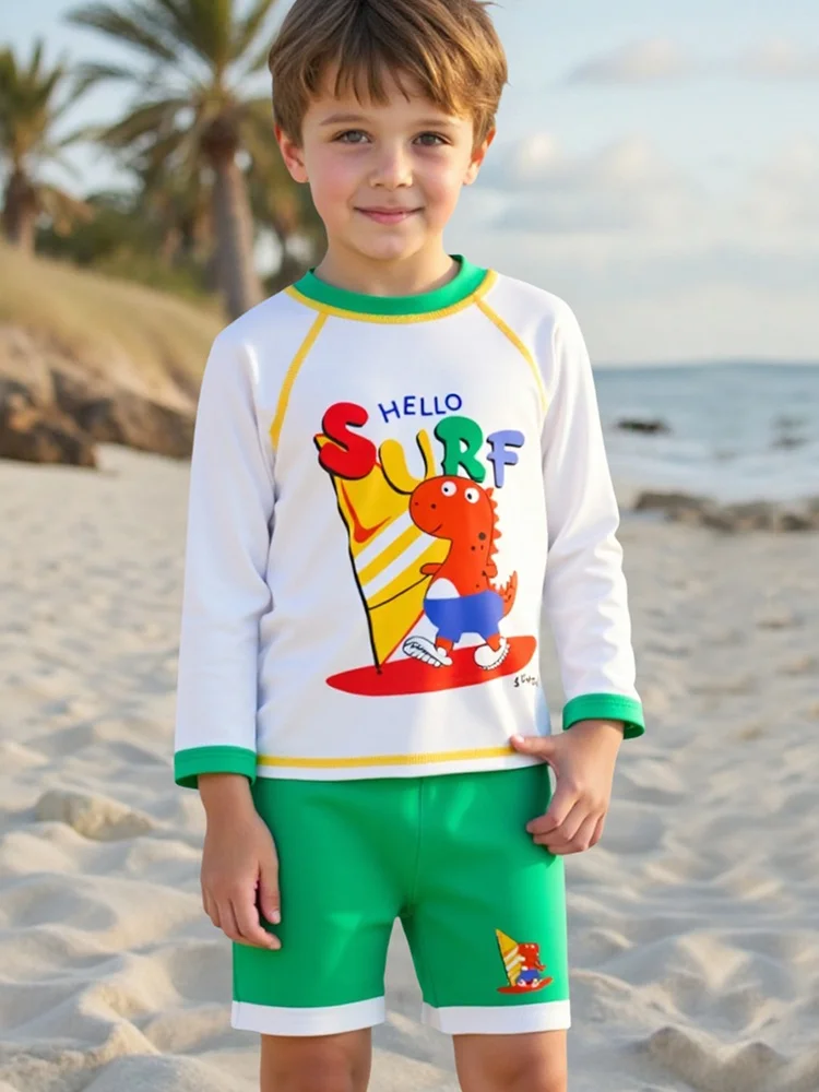 

Boy Kids Swimsuit Women 2026 New Green Cartoon Dinosaur Long Sleeves Children Swimwear Summer 2 Piece Beach Bathing Suit Female