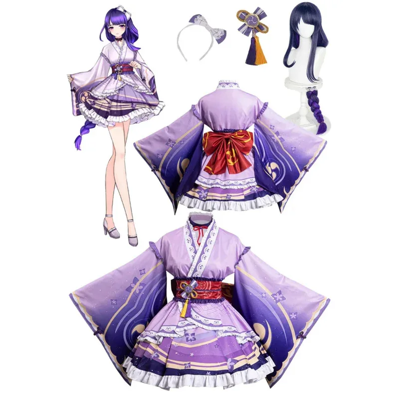 ❤ Lolita Raiden Shogun Cosplay Perücken Kostüm Anime Spiel Genshin Impact Kawaii Roleplay Fantasia Outfits Halloween Karneval Clot ★ ❤ ★