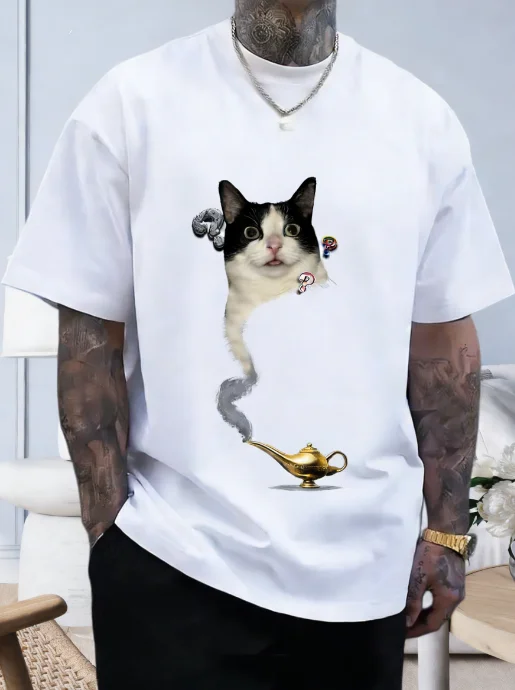 Primavera y novedad de verano, camiseta holgada de algodón con estampado de lámpara mágica de gato Aladino, camiseta informal de manga corta con cuello redondo para hombres y mujeres