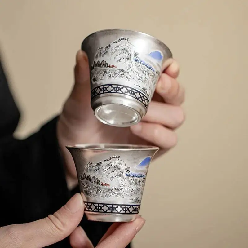 عرض الجبال والماء كوب شاي صغير من السيراميك المطلي بالفضة كوب شاي منزلي كوب رئيسي كوب واحد كوب شخصي على الطراز الوطني #4
