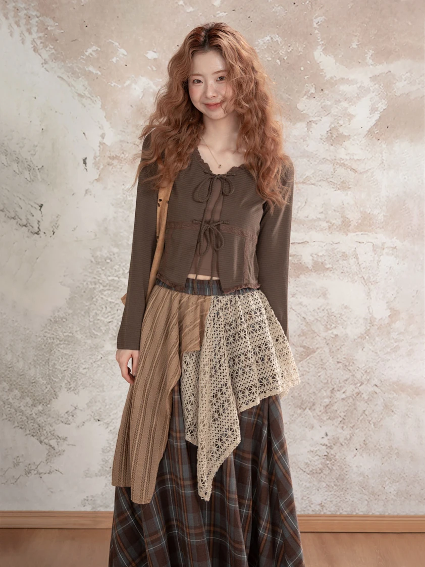 

Fall Fashion Set Women's Brown Open Cardigan Strap Halter Skirt Three-piece Set Desert Wind Style Travel Leisure Teenage Girls