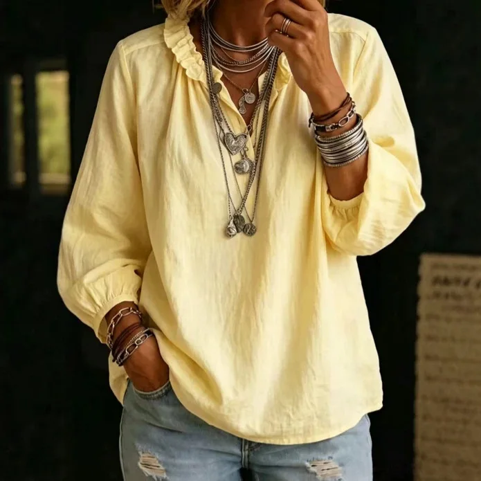 2026 Women's Summary New Collection: Short-sleeved Lightweight V-neck Pullover Shirt Loose-fitting Women's Shirt Beach Femme