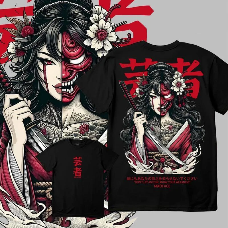 Edgy japanisches Oni-Geisha-Tattoo-T-Shirt mit Samurai-Schwert und rotem Blumendruck, 100 % Baumwolle, Herren-T-Shirt, Sommer-Freizeitkleidung – Detail 5