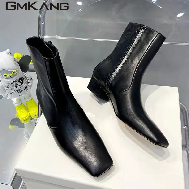 Classic Square Toe Ankle Boots For Women Genuine Leather Modern Boots Lady Low Heel Runway Shoes Women Autumn Short Boots Woman