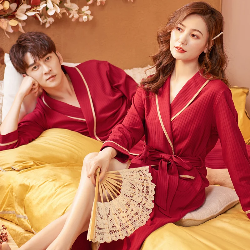 Spring Wedding Festive Red Men Kimono Bathrobe Couple V-Neck Robe Night Gown Sleepwear Women Cotton Yukata Big Yards M-XXXL