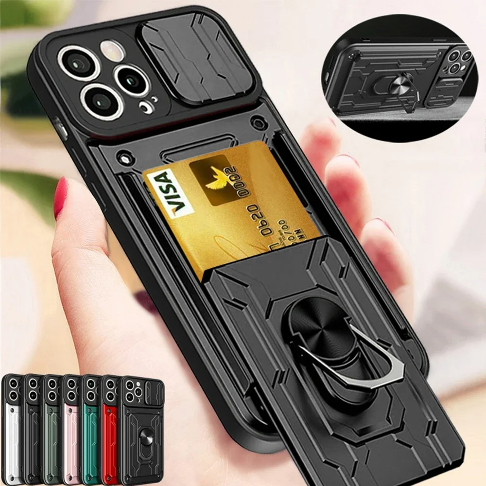 Etui na iPhone 17 16 15 14 13 12 11 Pro Max XR XS 8 Plus z przesuwaną osłoną aparatu, przegródką na karty, pierścieniem ochronnym w stylu militarnym i magnetyczną obudową tylną 360.