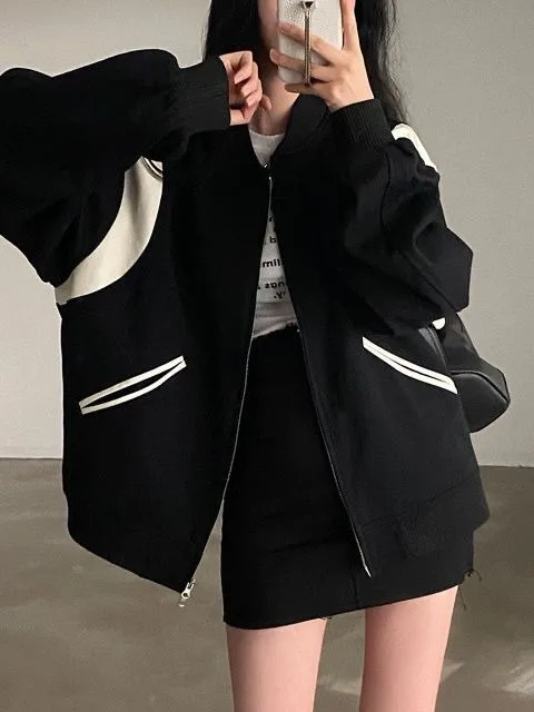 

Chic Vintage round Ne Color Blo Baseball Jaet Loose Casual Sweatirt Versatile Autumn Faion Ladies' Cotton Coat