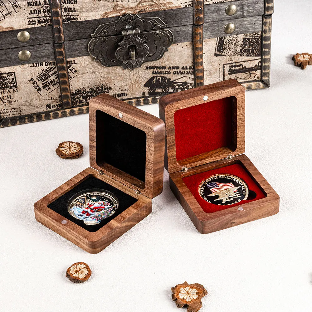 Caja de almacenamiento de madera de nogal negro Caja de regalo de joyería y monedas conmemorativas