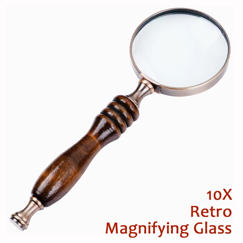 Retro 10X Magnifying Glass Wooden Handheld Magnifier for Reading Repair Work Optical Magnifying Glass Ornaments Photography Prop