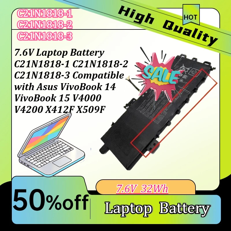 7.6V Laptop Battery C21N1818-1 C21N1818-2 C21N1818-3 Compatible with Asus VivoBook 14 VivoBook 15 V4000 V4200 X412F X509F