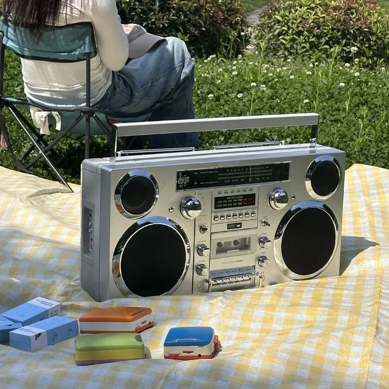 مشغل أقراص مضغوطة محمول Boombox كاسيت راديو FM USB بلوتوث فضي مع مدخل AUX للاستخدام المنزلي في الهواء الطلق #2