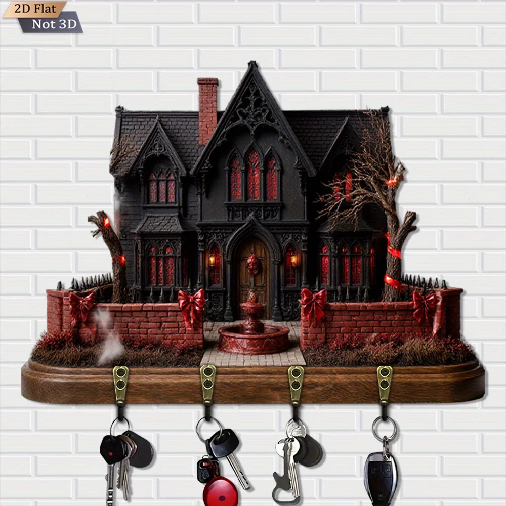 A 2D Flat Item, Featuring a Gothic Haunted House Scene, a Wooden Multifunctional Key Holder with Four Metal Hooks, Suitable for