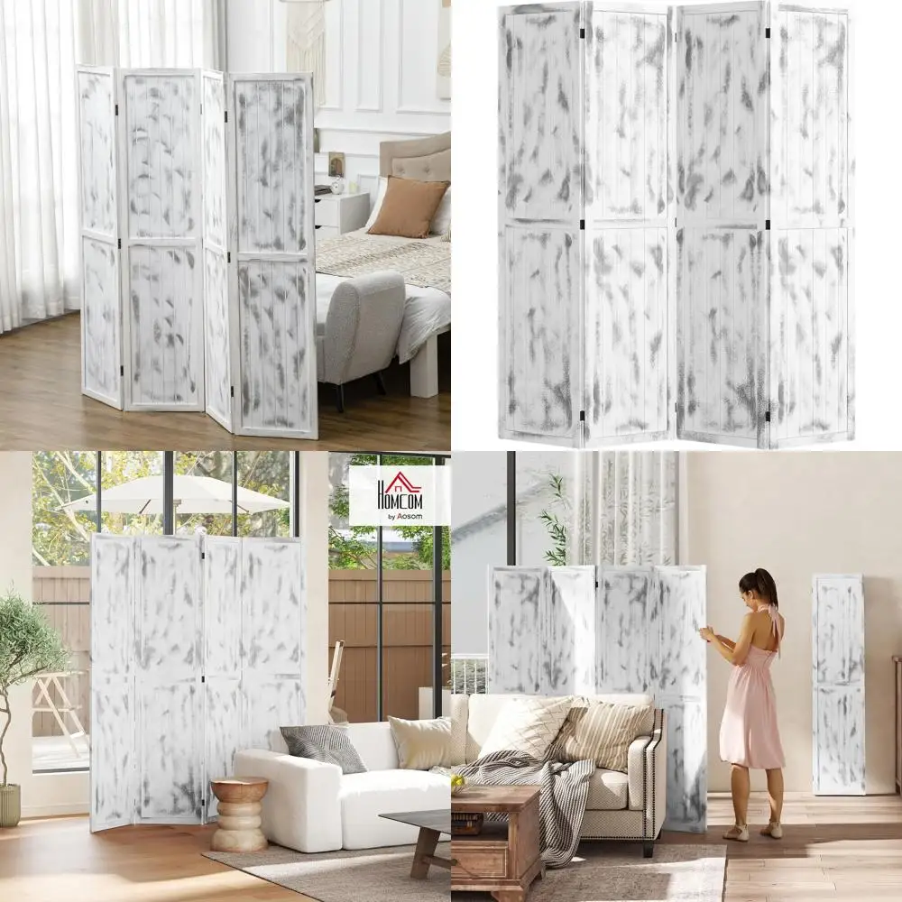 

Woodgrain 4-Panel Folding Screen - Rustic White Privacy Divider, 5.5' Tall Freestanding Partition Wall