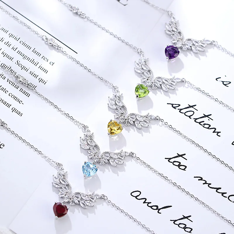 Chinese Style Lucky Blessing S925 Sterling Silver Angel Wing Pendant Necklace Natural Heart Crystal Dainty Clavicle Chain For