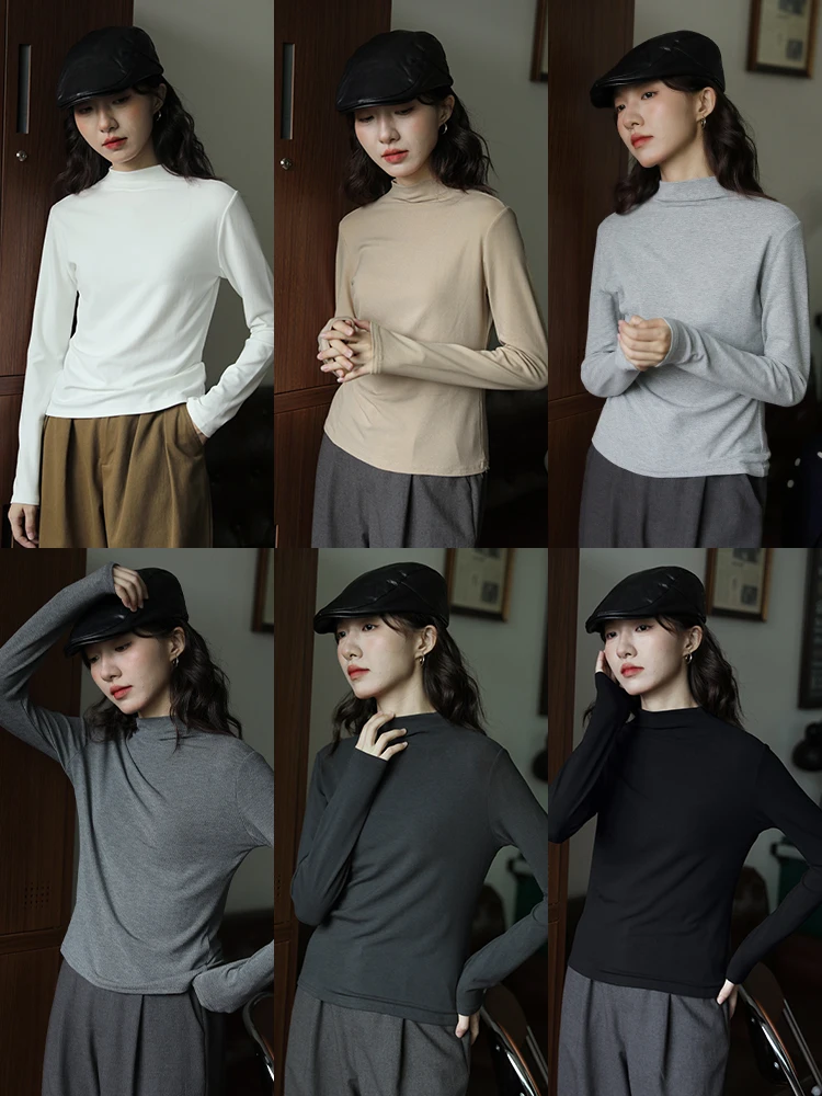 

Chic f-High Collar Long Sve Base irt Women's Faionable Vintage Multi-Color Slimming Unique Top Trendy T-irt