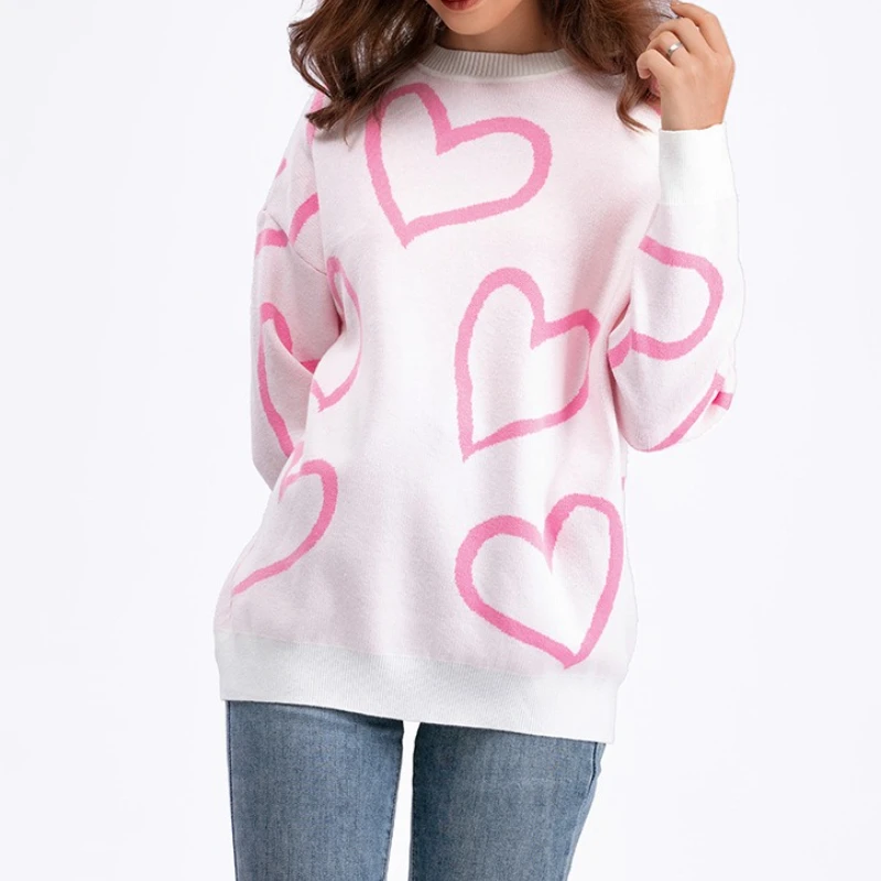 

New in Autumn Winter Fashion Style Round Neck Heart Shaped Sweater Loose Comfortable Pullover Sweater Knitted Sweater Tops