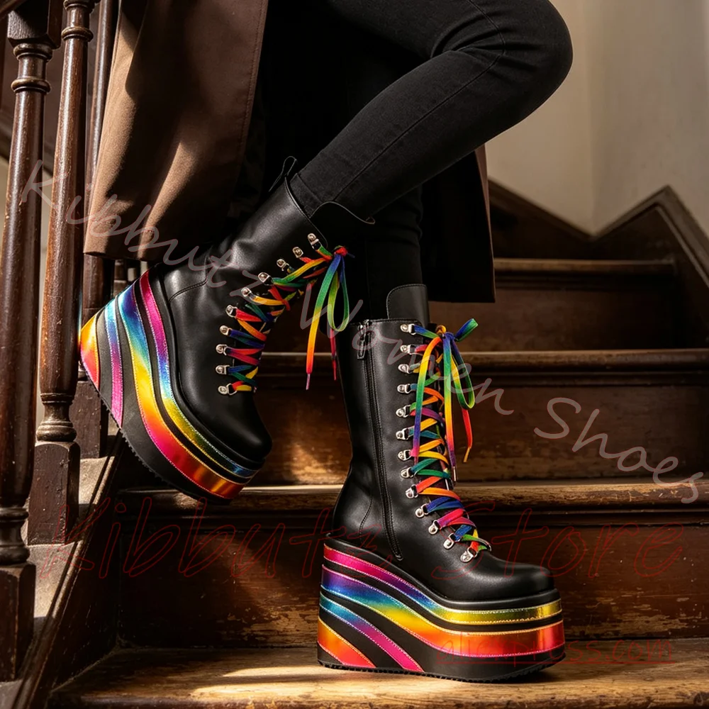 Alt Wedge Platform Ankle Boot Women Multi Layer Sole Rainbow Lace Up Metal Round Toe Punk Pride Footwear Leather Mixed Color New