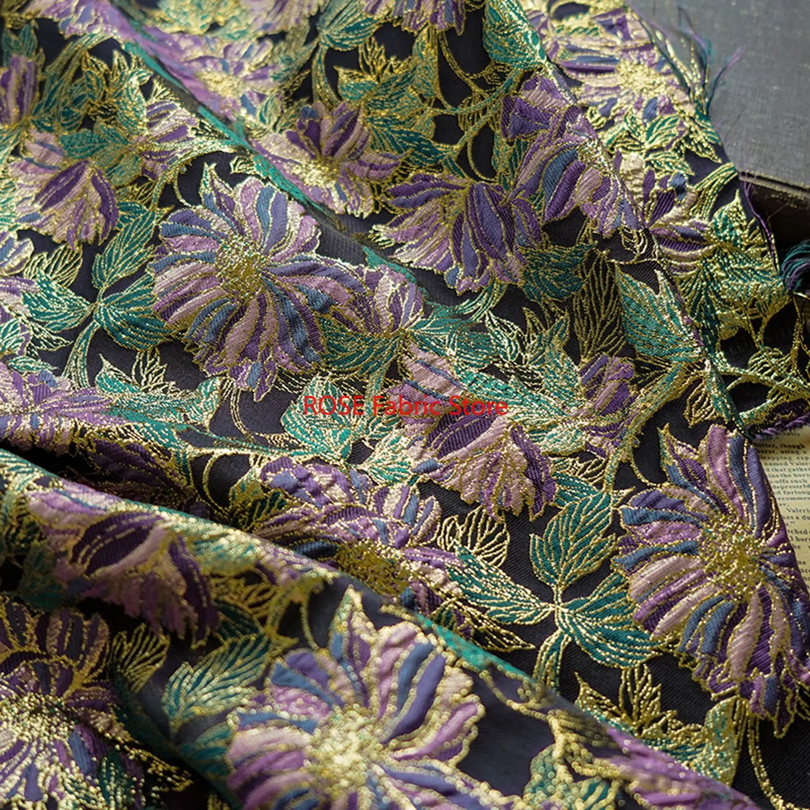1 Meter Golden Silk Flower Jacquard Fabric Fashion Dress Skirt Bag Decorative Sewing Fabric