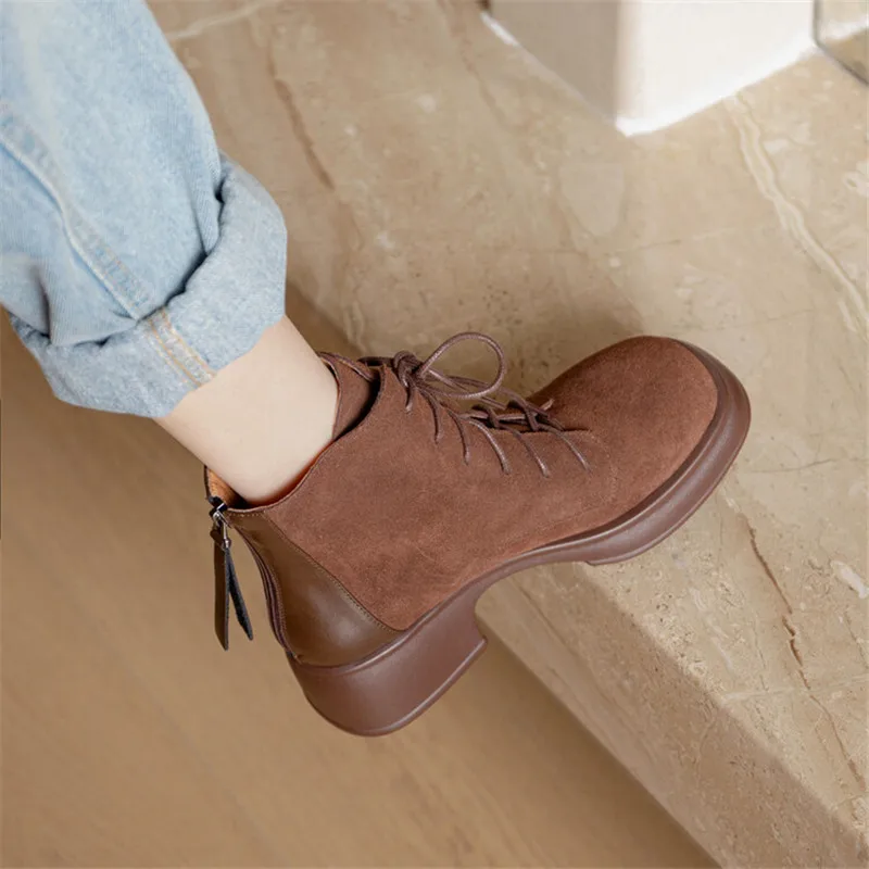 Nowe jesienno-zimowe buty damskie Square Toe Chunky Heel Boots for Women Platform Boots High Heel Cow Suede Short Boots Handmade