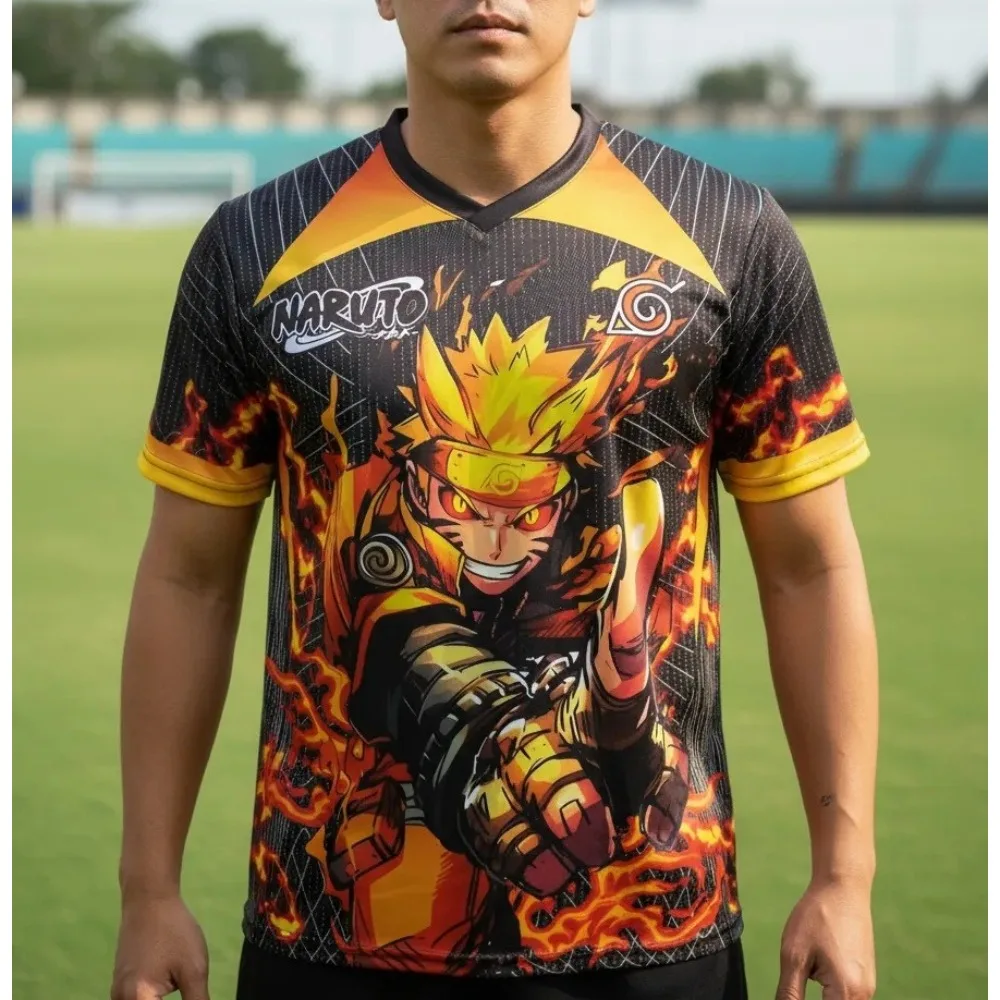 Una parte superior con el personaje de anime Naruto Uzumaki Naruto con elementos de llama y el icónico estampado de cresta del pueblo Konoha
